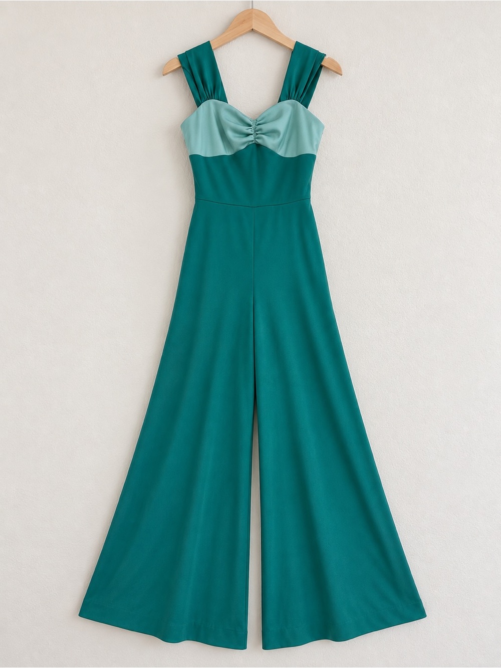 Vintage 1970s Polyester Palazzo Jumpsuit Teal Wide Leg Color Block Disco Small